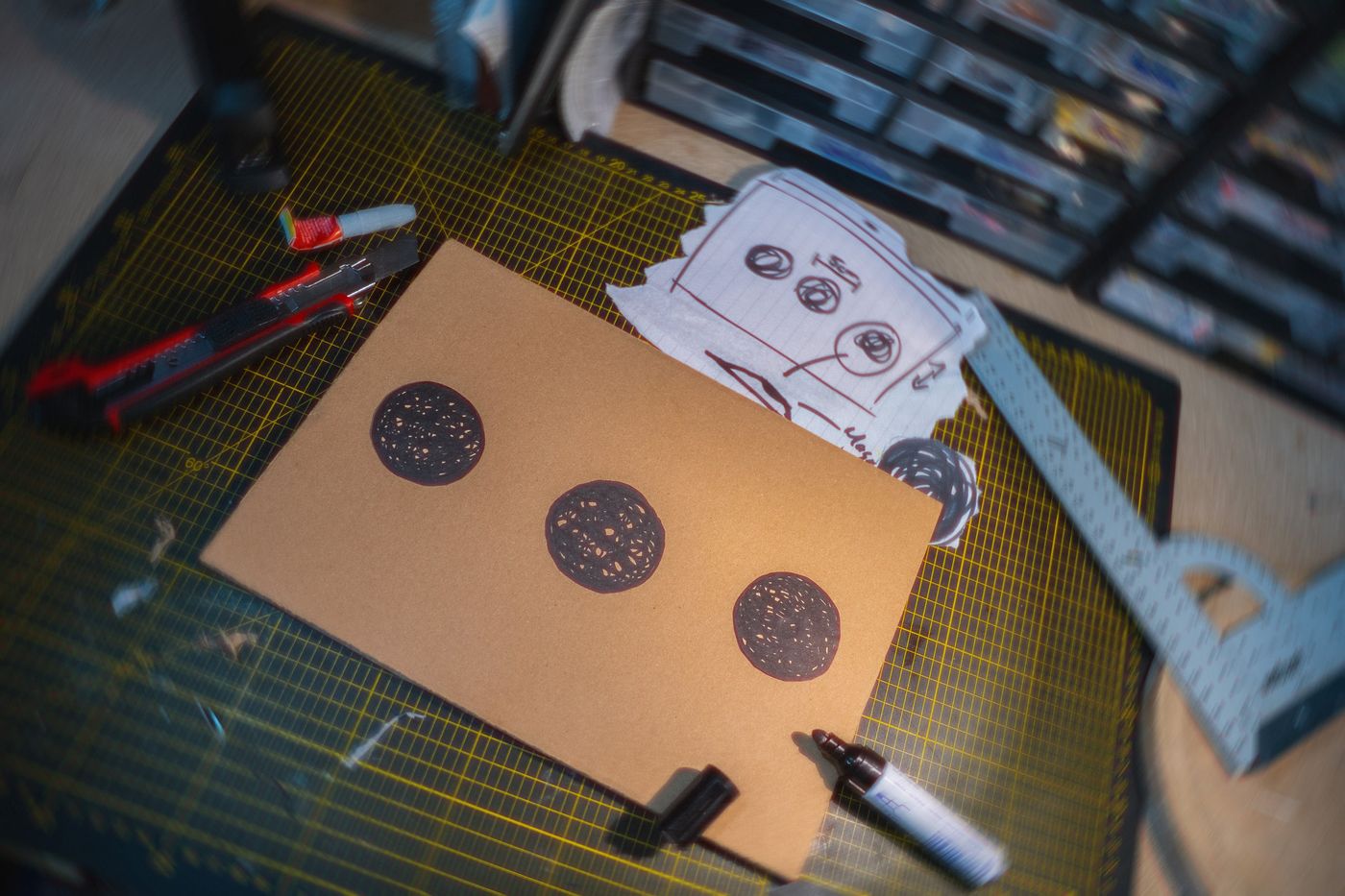 Prototyping der Multi Papp Card: Skizze, Pappe und Testschnitte auf der Schneidematte